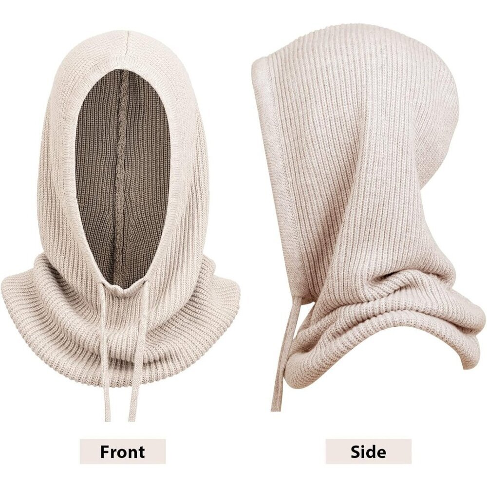 Women Scarf Hat Balaclava Beanie Skull Cap with Drawstring Warm Hat Beige - Picture 3 of 7